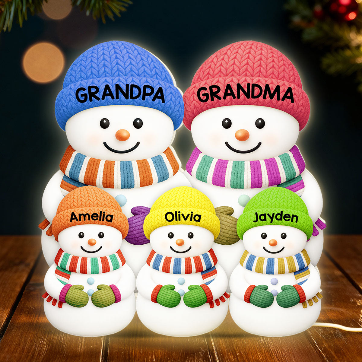 3D Effect Heartwarming Christmas Grandma Grandpa Grandkids Snowman Together - Personalized Light Box - Gift For Grandmas