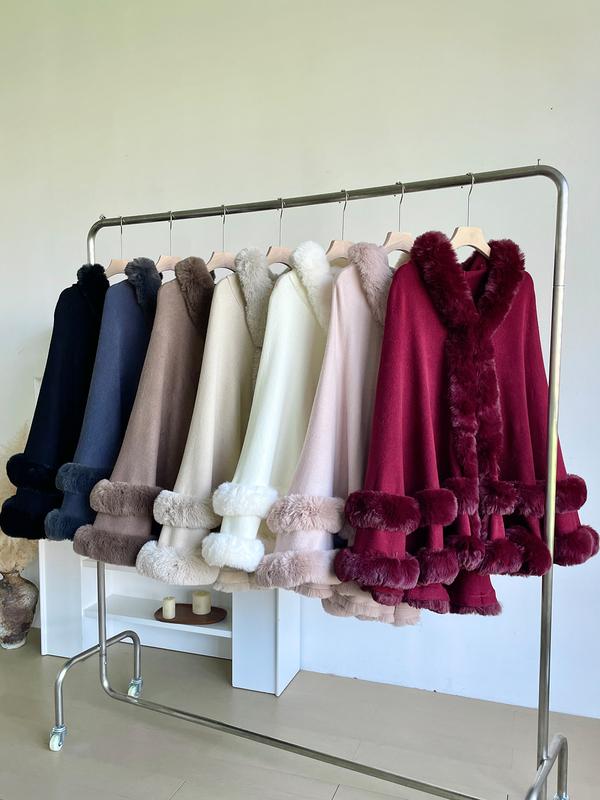 LANQIO Luxury Faux Fur Hooded Cape Shawl