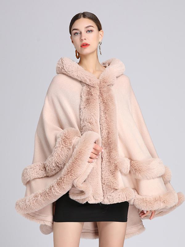 LANQIO Luxury Faux Fur Hooded Cape Shawl