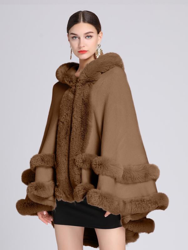 LANQIO Luxury Faux Fur Hooded Cape Shawl