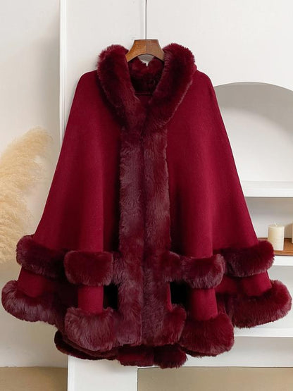 LANQIO Luxury Faux Fur Hooded Cape Shawl