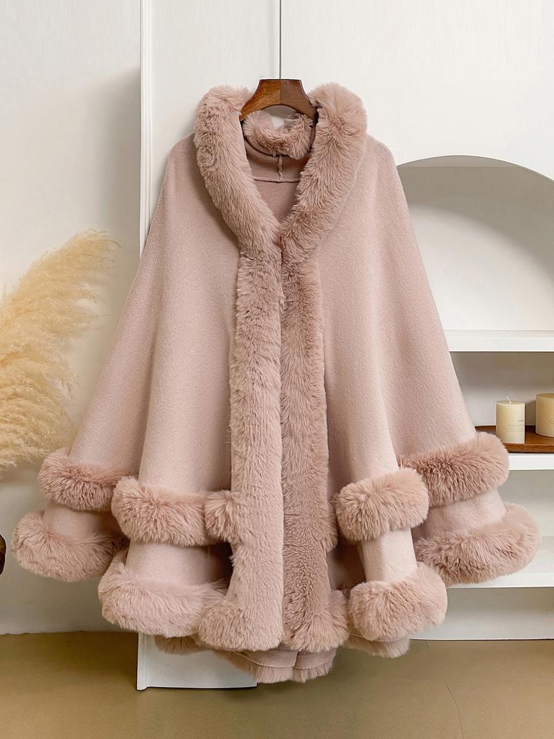 LANQIO Luxury Faux Fur Hooded Cape Shawl
