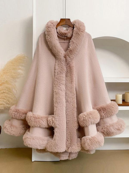 LANQIO Luxury Faux Fur Hooded Cape Shawl
