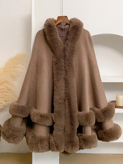 LANQIO Luxury Faux Fur Hooded Cape Shawl