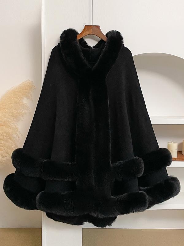 LANQIO Luxury Faux Fur Hooded Cape Shawl