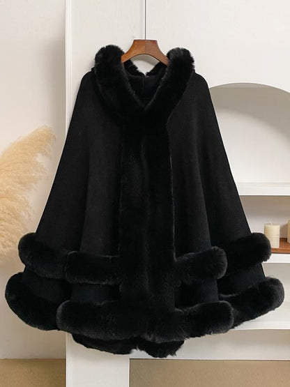 LANQIO Luxury Faux Fur Hooded Cape Shawl