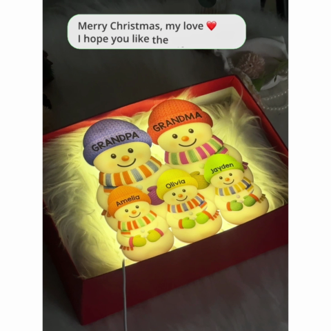 3D Effect Heartwarming Christmas Grandma Grandpa Grandkids Snowman Together - Personalized Light Box - Gift For Grandmas