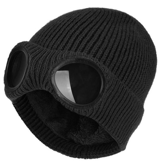 Goggles Knit Beanie with Fleece Lining, Windproof Winter Hat with Eye Protection for Skiing and Outdoor Sports