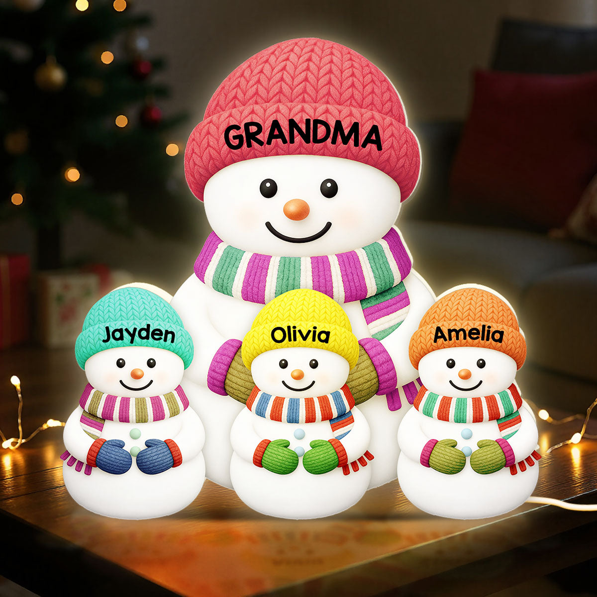 3D Effect Heartwarming Christmas Grandma Grandpa Grandkids Snowman Together - Personalized Light Box - Gift For Grandmas