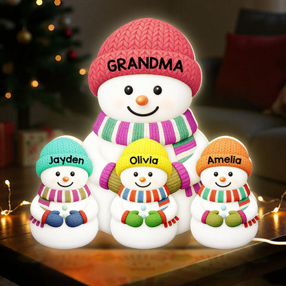 3D Effect Heartwarming Christmas Grandma Grandpa Grandkids Snowman Together - Personalized Light Box - Gift For Grandmas