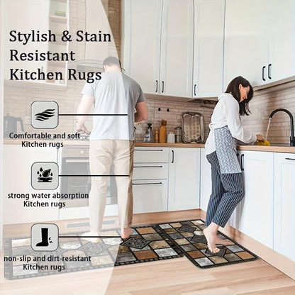 LANQIO™ Geometric Stone Pattern Kitchen Floor Mat – Soft, Non-Slip, Quick Dry, Easy to Clean