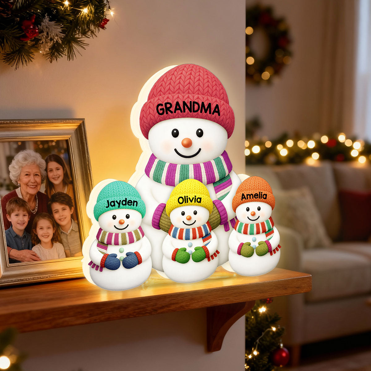 3D Effect Heartwarming Christmas Grandma Grandpa Grandkids Snowman Together - Personalized Light Box - Gift For Grandmas