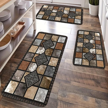 LANQIO™ Geometric Stone Pattern Kitchen Floor Mat – Soft, Non-Slip, Quick Dry, Easy to Clean