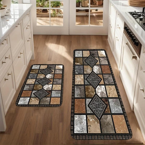 LANQIO™ Geometric Stone Pattern Kitchen Floor Mat – Soft, Non-Slip, Quick Dry, Easy to Clean