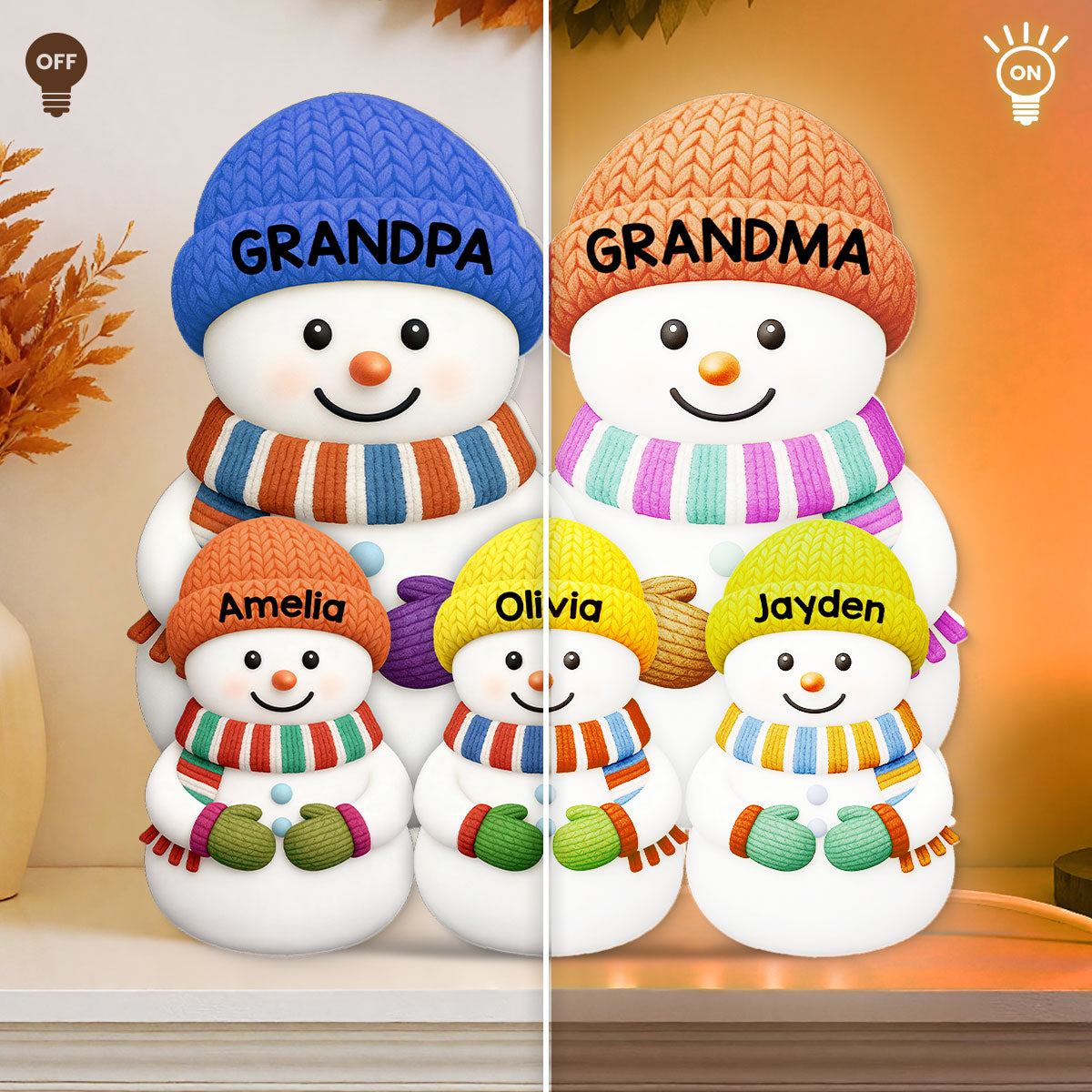 3D Effect Heartwarming Christmas Grandma Grandpa Grandkids Snowman Together - Personalized Light Box - Gift For Grandmas