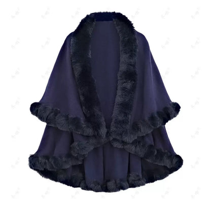 LANQIO Luxury Faux Fur Hooded Cape Shawl