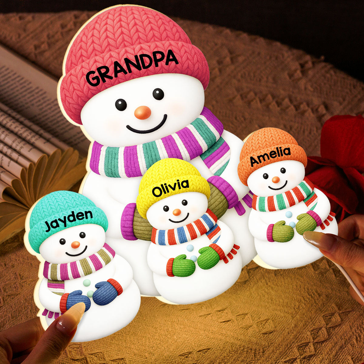 3D Effect Heartwarming Christmas Grandma Grandpa Grandkids Snowman Together - Personalized Light Box - Gift For Grandmas
