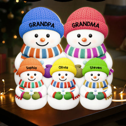 3D Effect Heartwarming Christmas Grandma Grandpa Grandkids Snowman Together - Personalized Light Box - Gift For Grandmas