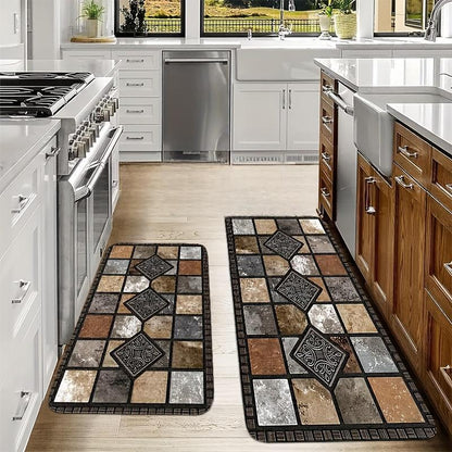 LANQIO™ Geometric Stone Pattern Kitchen Floor Mat – Soft, Non-Slip, Quick Dry, Easy to Clean