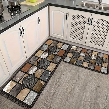 LANQIO™ Geometric Stone Pattern Kitchen Floor Mat – Soft, Non-Slip, Quick Dry, Easy to Clean