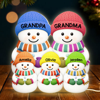 3D Effect Heartwarming Christmas Grandma Grandpa Grandkids Snowman Together - Personalized Light Box - Gift For Grandmas