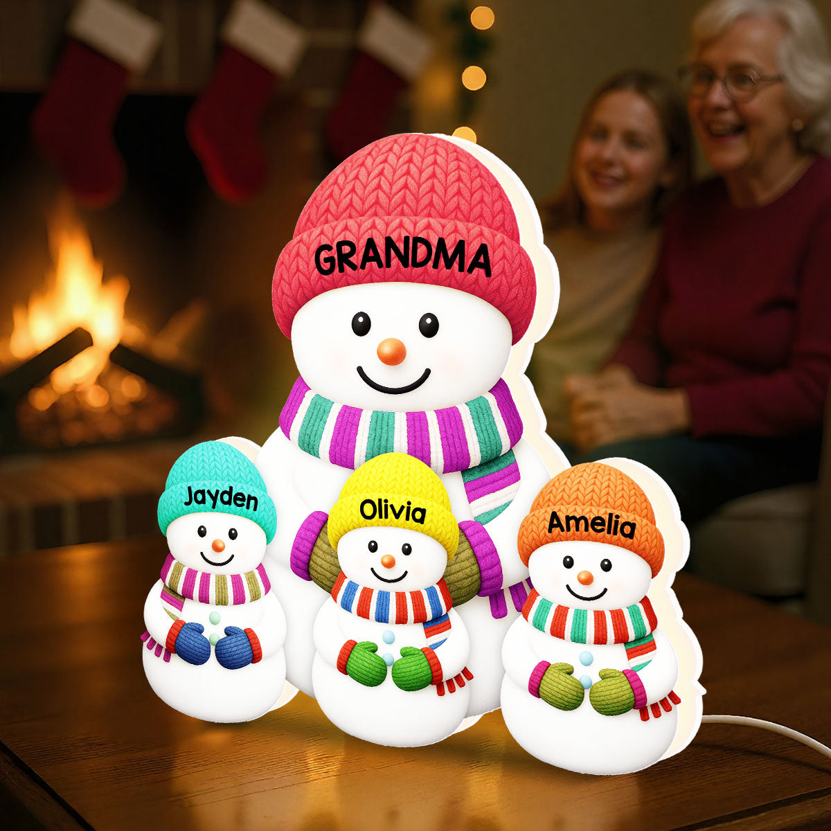 3D Effect Heartwarming Christmas Grandma Grandpa Grandkids Snowman Together - Personalized Light Box - Gift For Grandmas